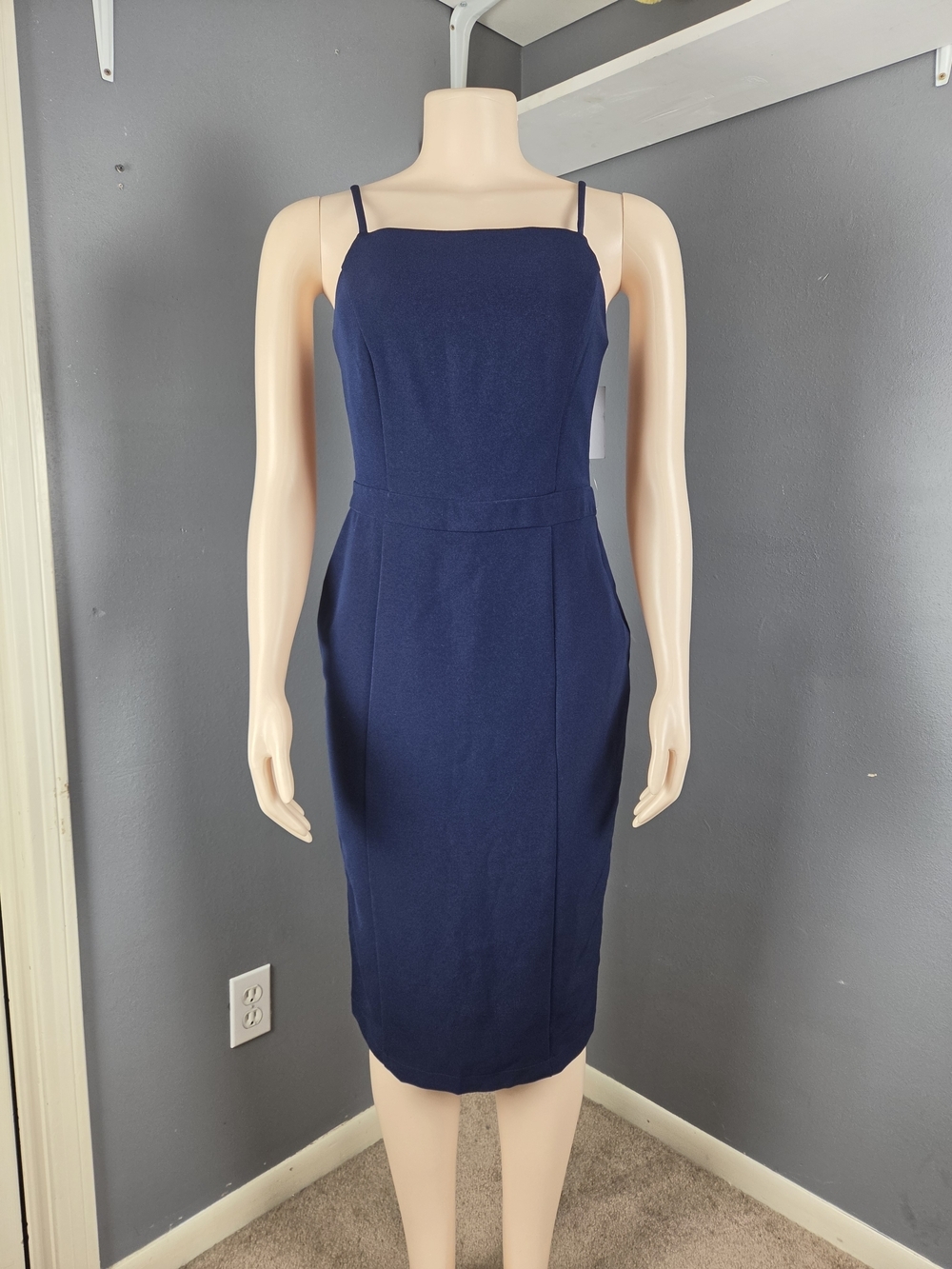 Navy Square-Neck Midi Sheath Dress